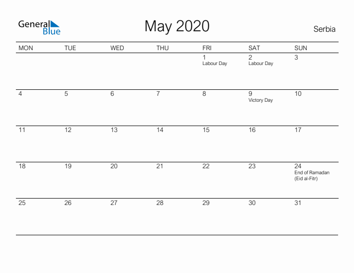 Printable May 2020 Calendar for Serbia
