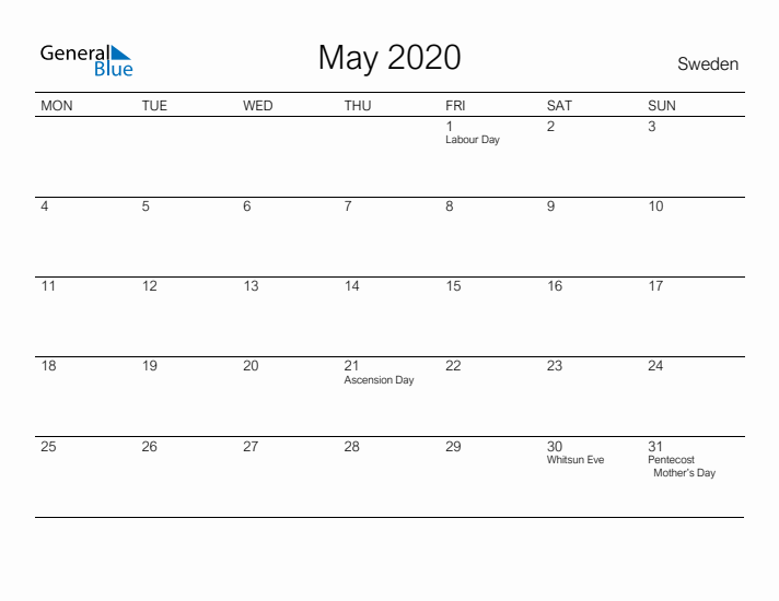 Printable May 2020 Calendar for Sweden