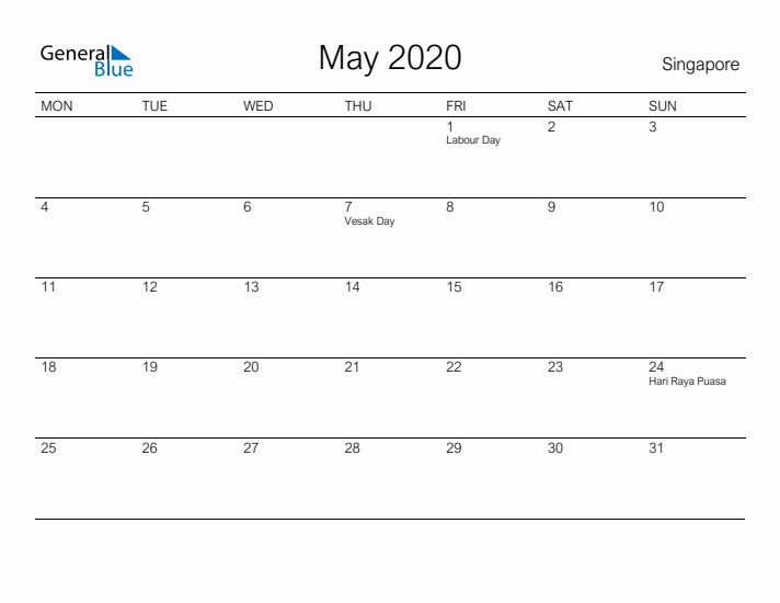 Printable May 2020 Calendar for Singapore
