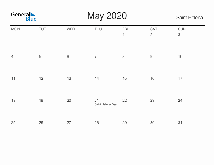 Printable May 2020 Calendar for Saint Helena