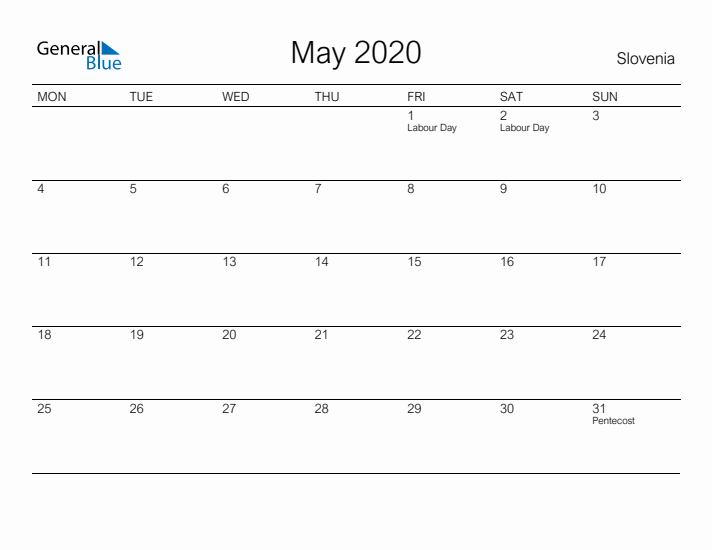 Printable May 2020 Calendar for Slovenia