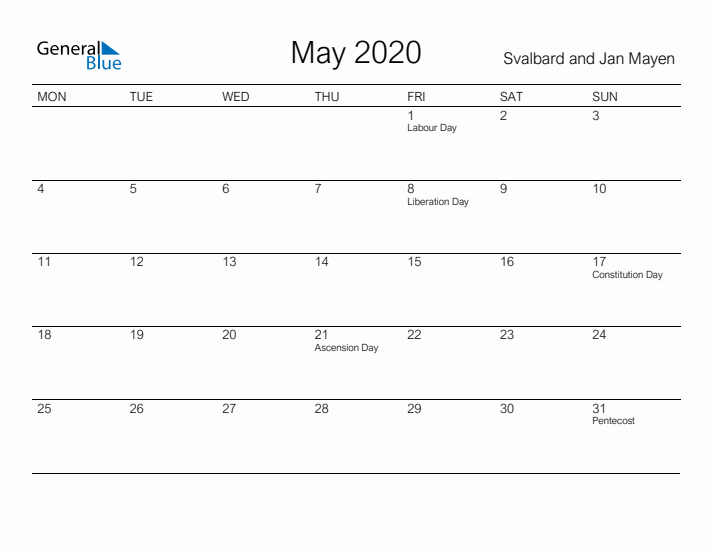Printable May 2020 Calendar for Svalbard and Jan Mayen