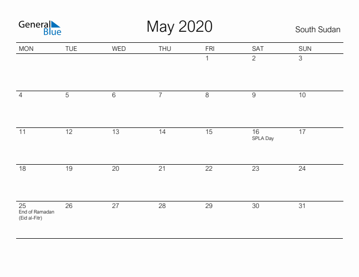 Printable May 2020 Calendar for South Sudan