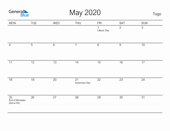 Printable May 2020 Calendar for Togo