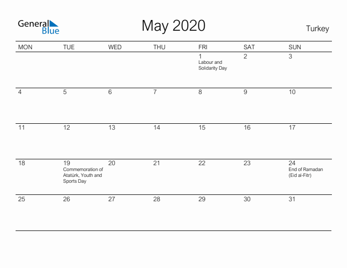 Printable May 2020 Calendar for Turkey
