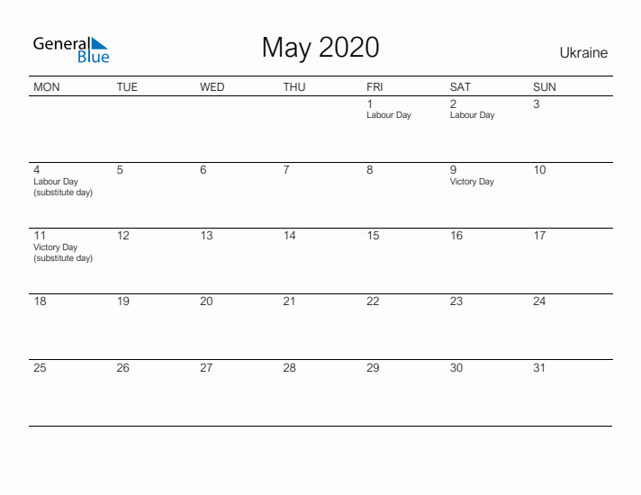 Printable May 2020 Calendar for Ukraine