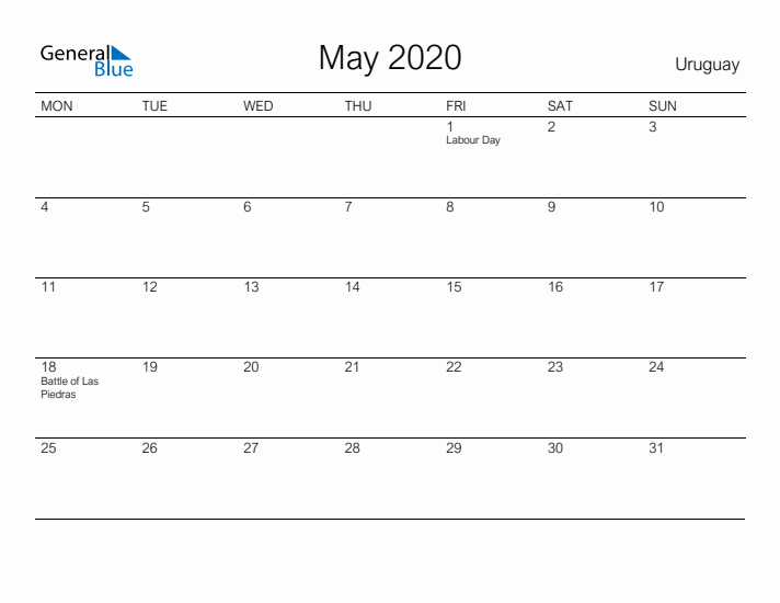 Printable May 2020 Calendar for Uruguay