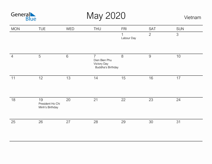 Printable May 2020 Calendar for Vietnam