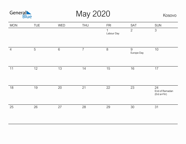 Printable May 2020 Calendar for Kosovo