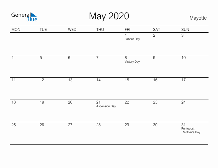 Printable May 2020 Calendar for Mayotte