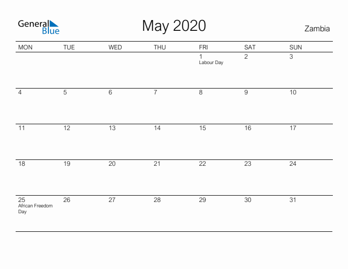 Printable May 2020 Calendar for Zambia