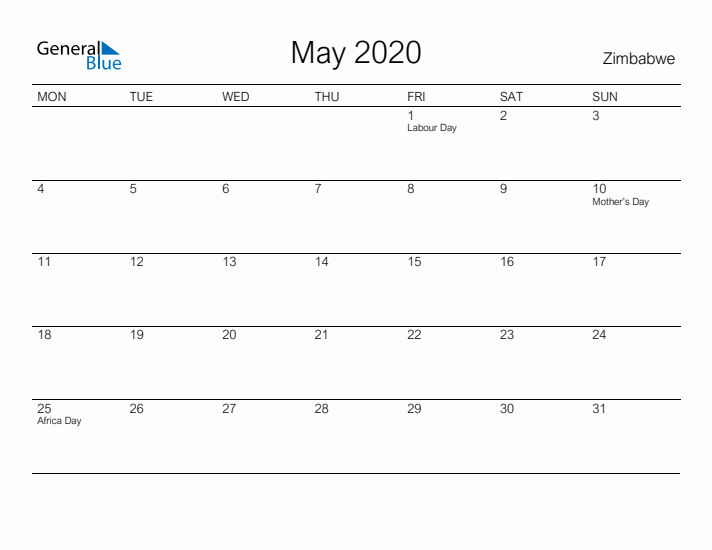 Printable May 2020 Calendar for Zimbabwe
