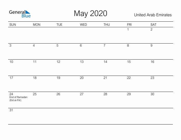 Printable May 2020 Calendar for United Arab Emirates