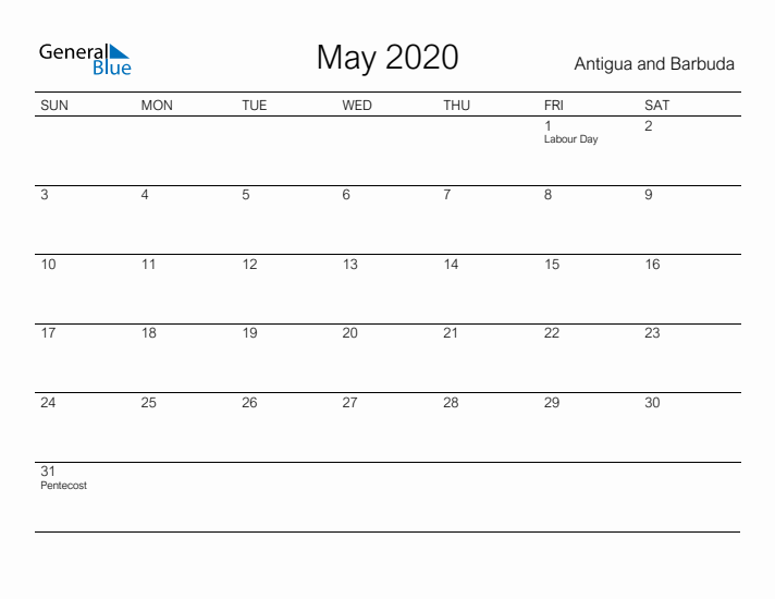 Printable May 2020 Calendar for Antigua and Barbuda