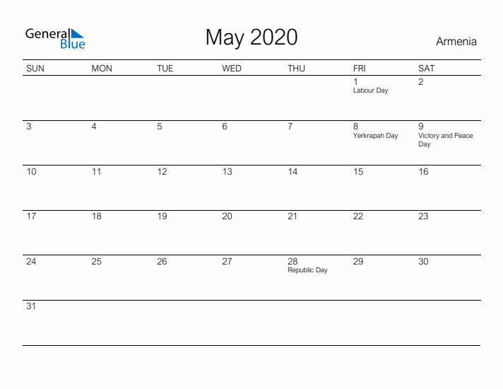 Printable May 2020 Calendar for Armenia