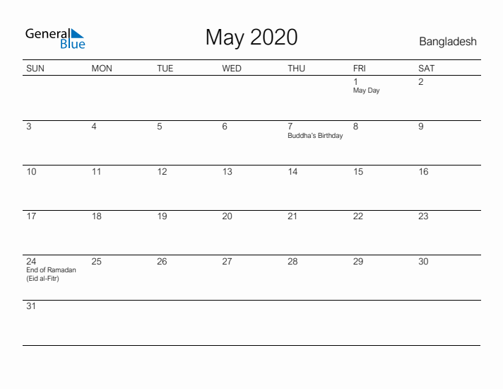 Printable May 2020 Calendar for Bangladesh