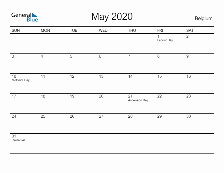 Printable May 2020 Calendar for Belgium