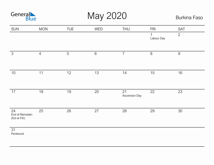 Printable May 2020 Calendar for Burkina Faso