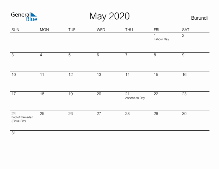 Printable May 2020 Calendar for Burundi
