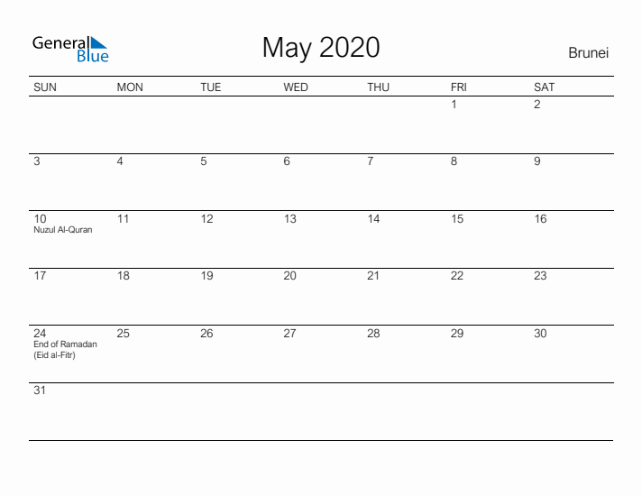 Printable May 2020 Calendar for Brunei