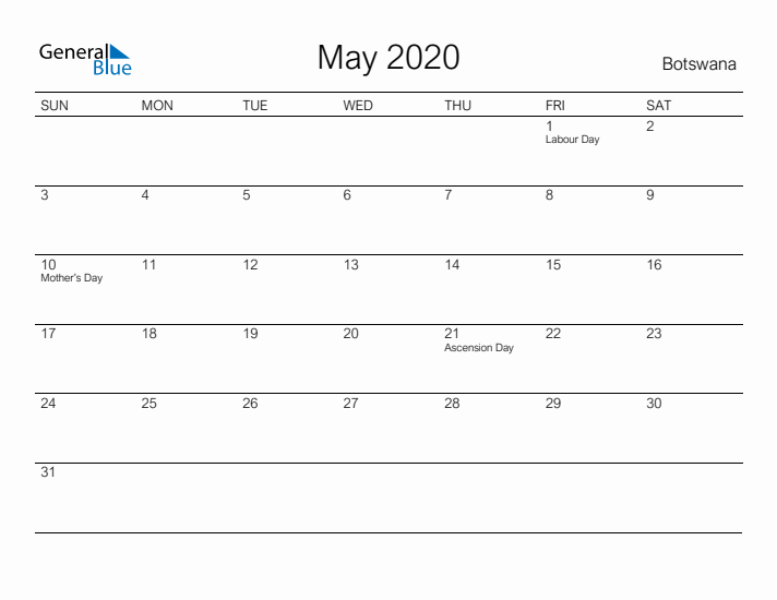 Printable May 2020 Calendar for Botswana