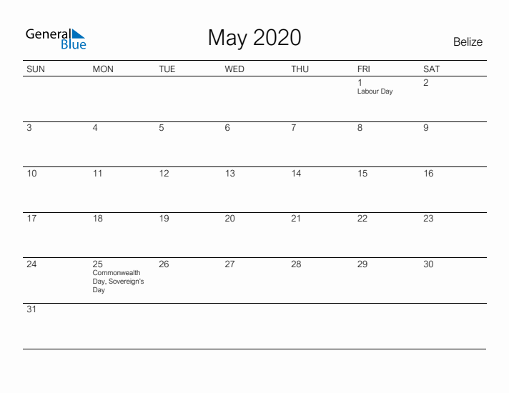 Printable May 2020 Calendar for Belize