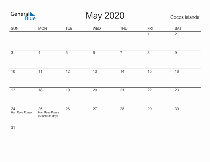 Printable May 2020 Calendar for Cocos Islands