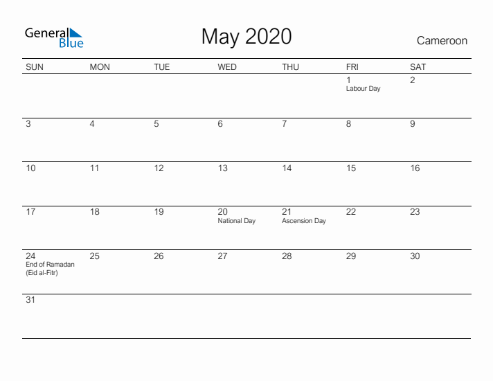 Printable May 2020 Calendar for Cameroon