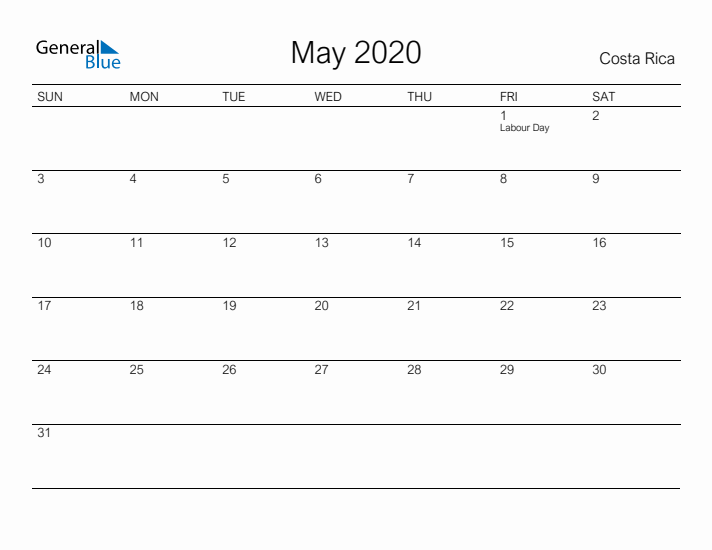 Printable May 2020 Calendar for Costa Rica