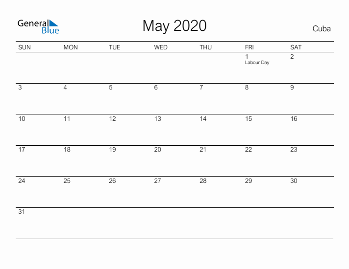 Printable May 2020 Calendar for Cuba