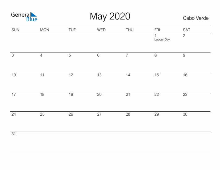 Printable May 2020 Calendar for Cabo Verde