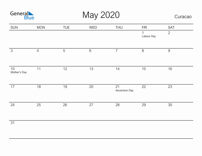 Printable May 2020 Calendar for Curacao