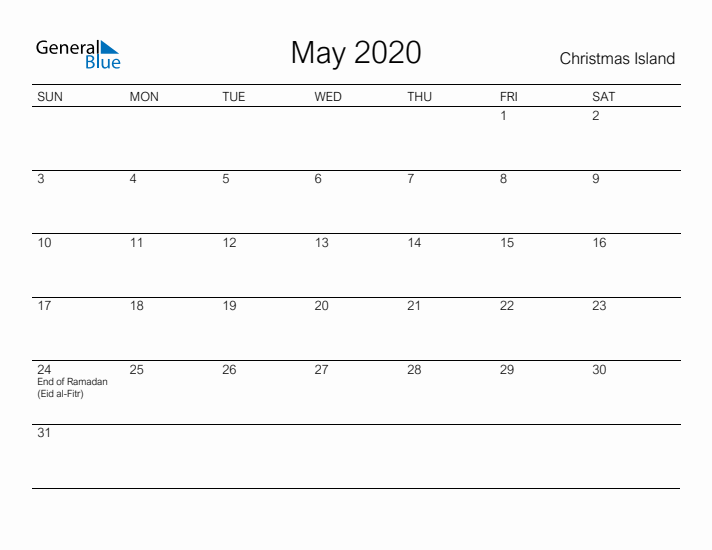 Printable May 2020 Calendar for Christmas Island