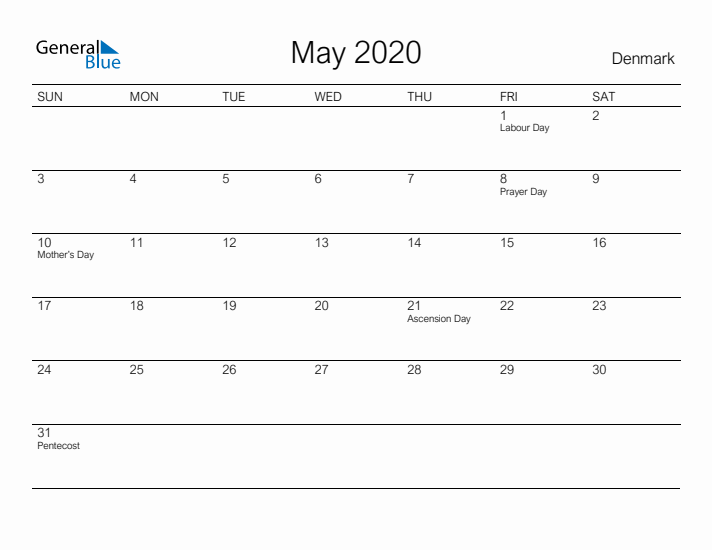Printable May 2020 Calendar for Denmark