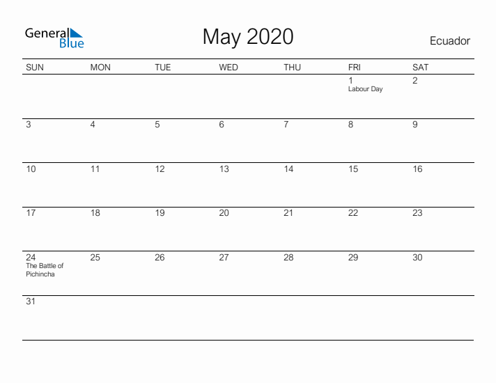 Printable May 2020 Calendar for Ecuador