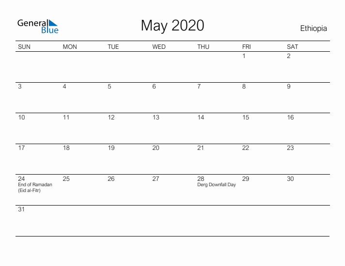 Printable May 2020 Calendar for Ethiopia
