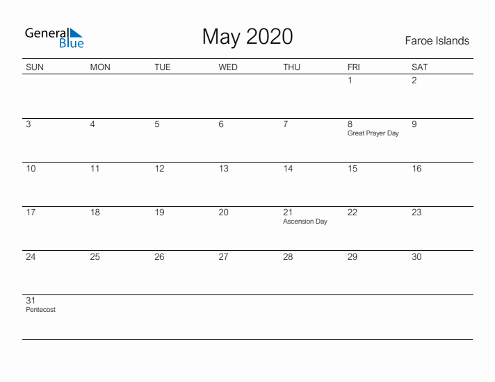 Printable May 2020 Calendar for Faroe Islands