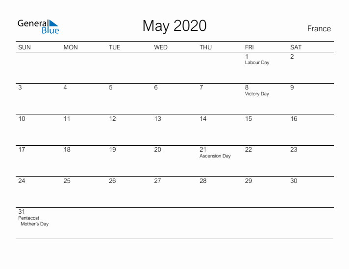 Printable May 2020 Calendar for France