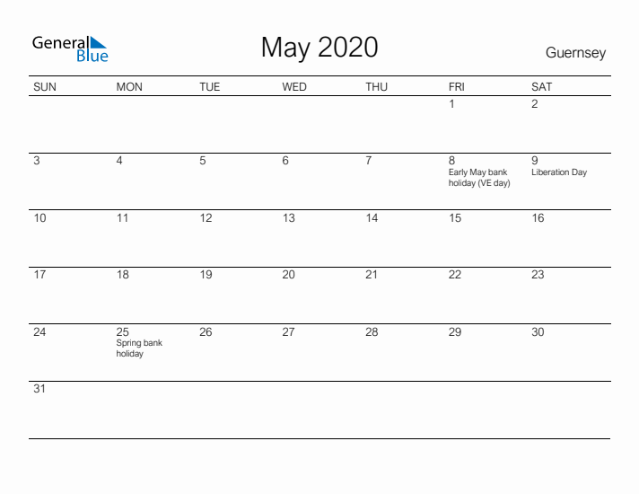 Printable May 2020 Calendar for Guernsey