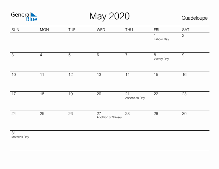 Printable May 2020 Calendar for Guadeloupe
