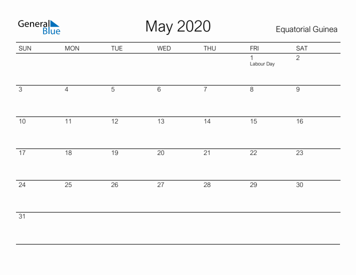Printable May 2020 Calendar for Equatorial Guinea