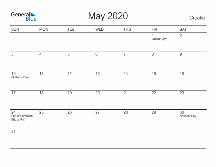 Printable May 2020 Calendar for Croatia