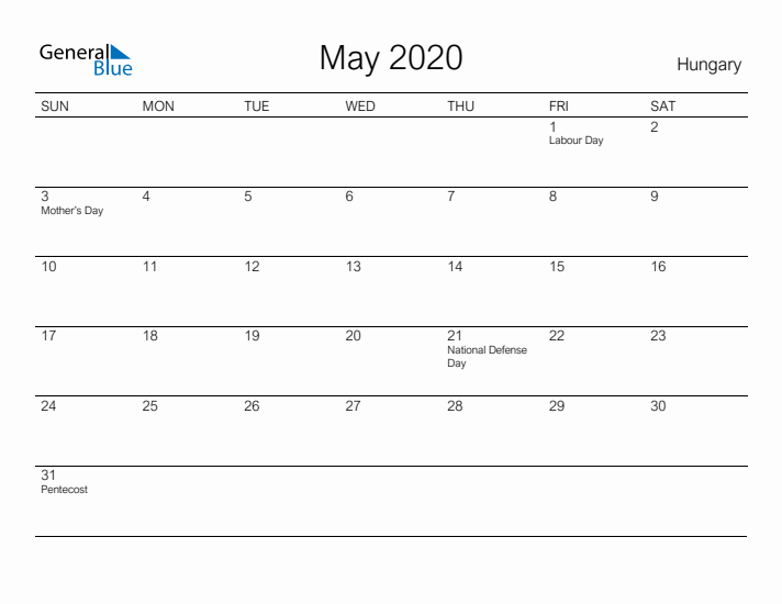 Printable May 2020 Calendar for Hungary