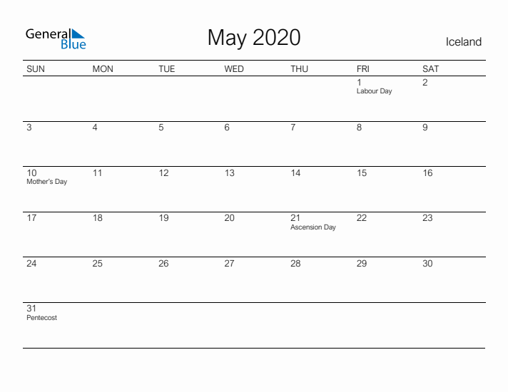 Printable May 2020 Calendar for Iceland