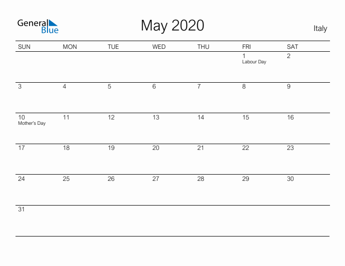Printable May 2020 Calendar for Italy