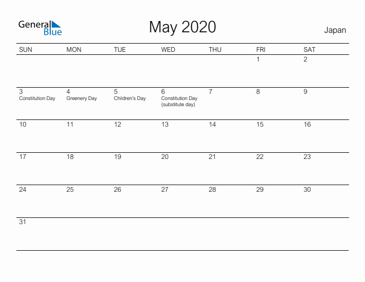 Printable May 2020 Calendar for Japan