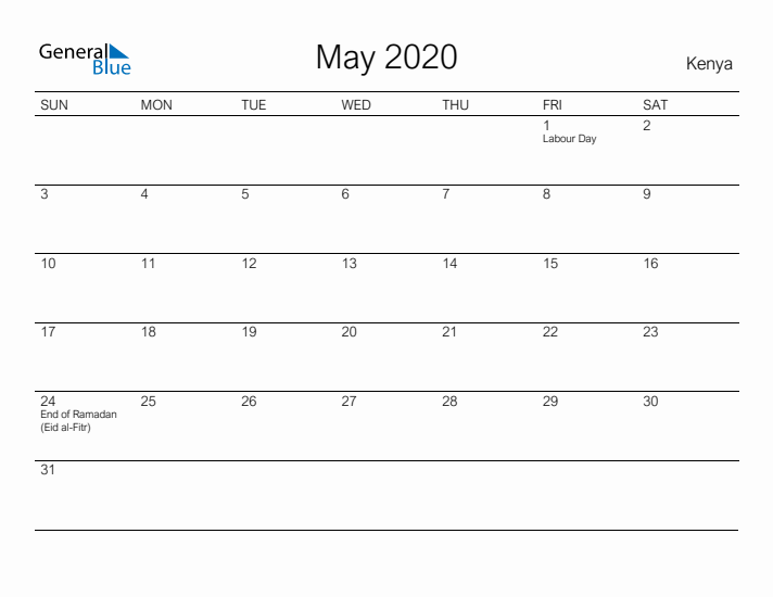 Printable May 2020 Calendar for Kenya