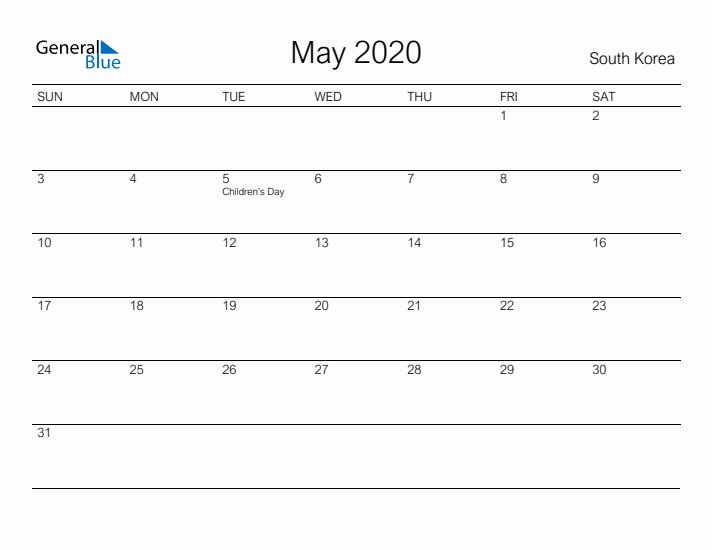 Printable May 2020 Calendar for South Korea