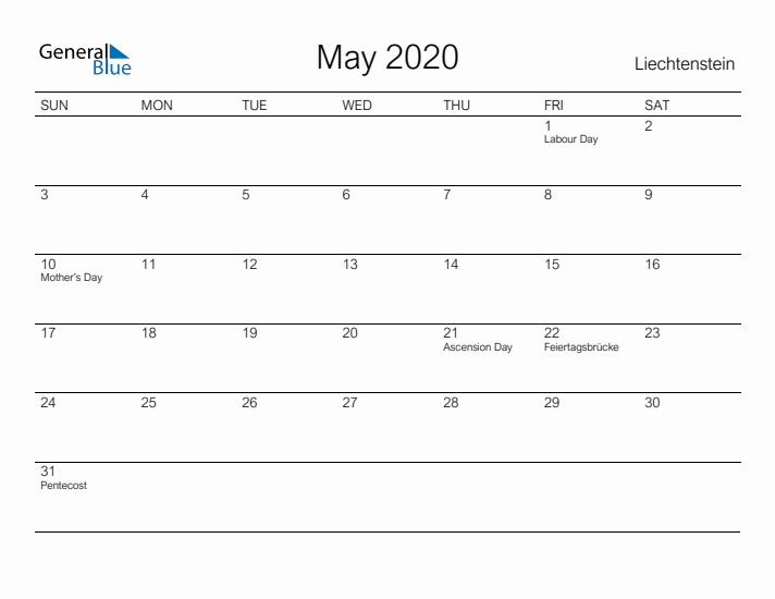 Printable May 2020 Calendar for Liechtenstein