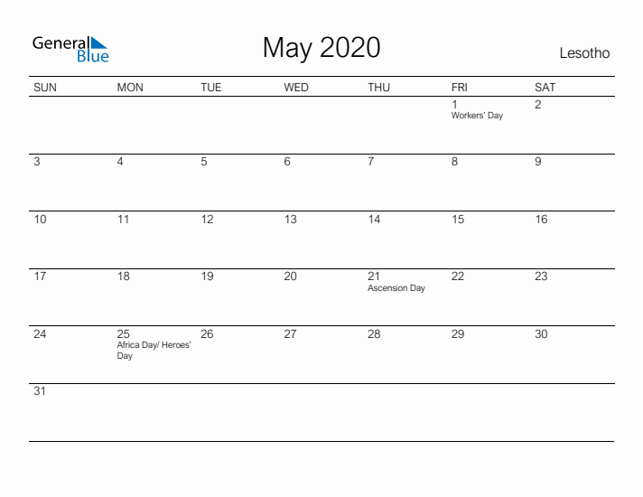 Printable May 2020 Calendar for Lesotho